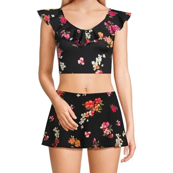 Land's End ruffle V-neck plus size black meadow floral midkini top adjust 18W - Picture 4 of 7